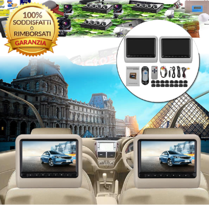 2 Monitor 9 Pollici Poggiatesta Lettore Dvd Usb Sd Hdmi Auto Camper Smontabili